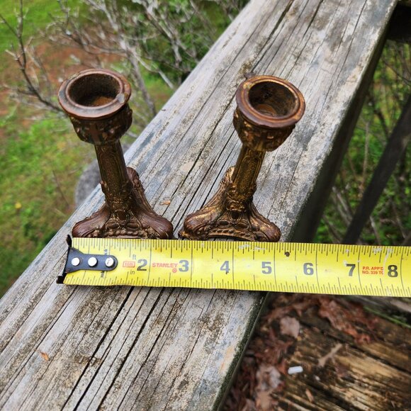 Pair Of Ornate Antique Bronze Altar Candle Holders With Intricate Detailing & Cr - Picture 2 of 7